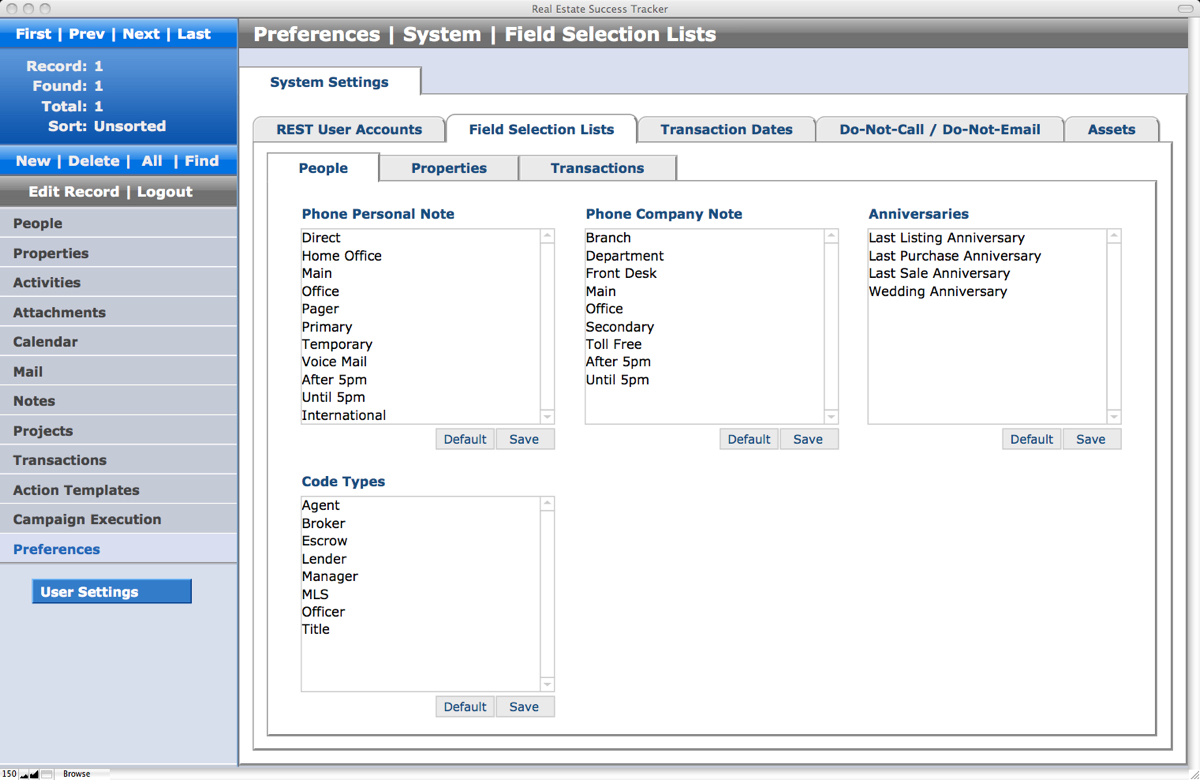 PREFERENCES: Customize field selection lists for areas.